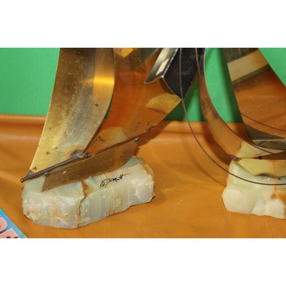 Vintage Pair Brass Metal Steel Onyx Sailboat Sculptures DeMott And Mario Jason - Picture 2 of 16